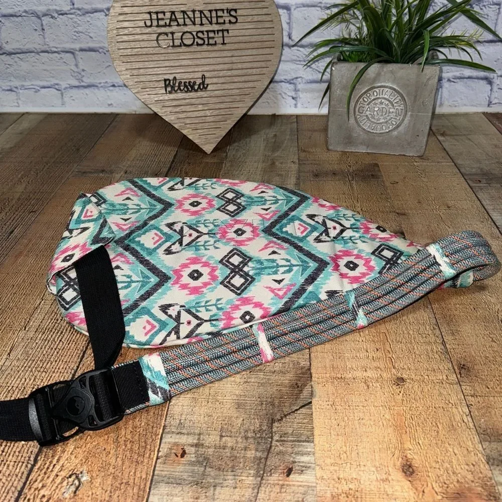Kavu Rope Crossbody Sling Bag Aztec Southwestern Geometric Teal/Pink/Black
